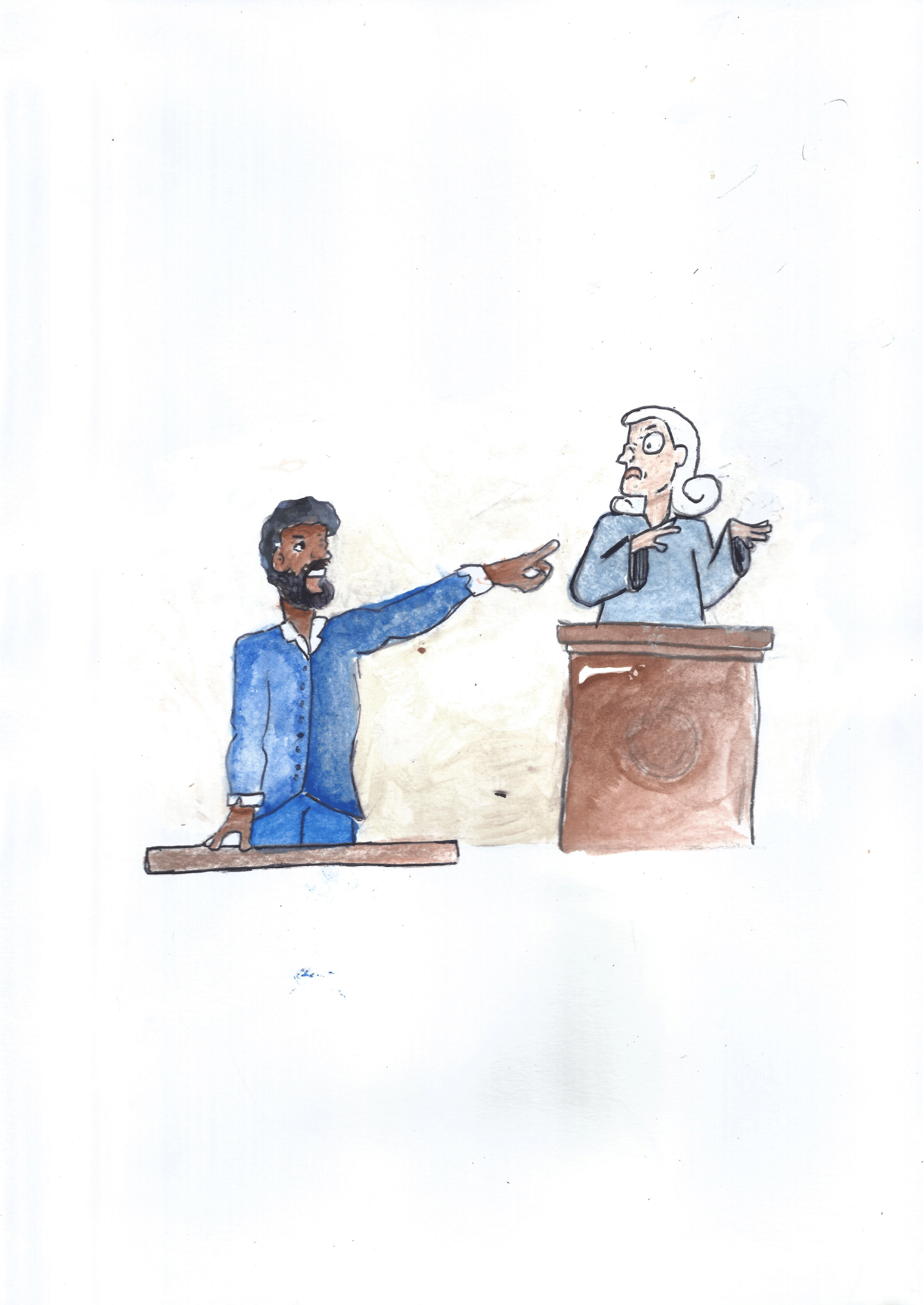 A obra 'Os Juízes de Paz são todos uns ladrões', por Fênix Valentim, faz referência à famosa frase de Luiz Gama em seus discursos. A ilustração retrata uma cena em que o advogado e abolicionista, um homem negro de barba curta e cabelos crespos, está de pé à esquerda, vestindo um terno azul. Ele aponta de forma enfática para uma juíza branca, que está à direita, atrás de um púlpito de madeira. A juíza tem expressão de surpresa e desconforto, com os cabelos brancos soltos. A cena captura um momento de confronto direto, refletindo o espírito de justiça e a luta de Luiz Gama.