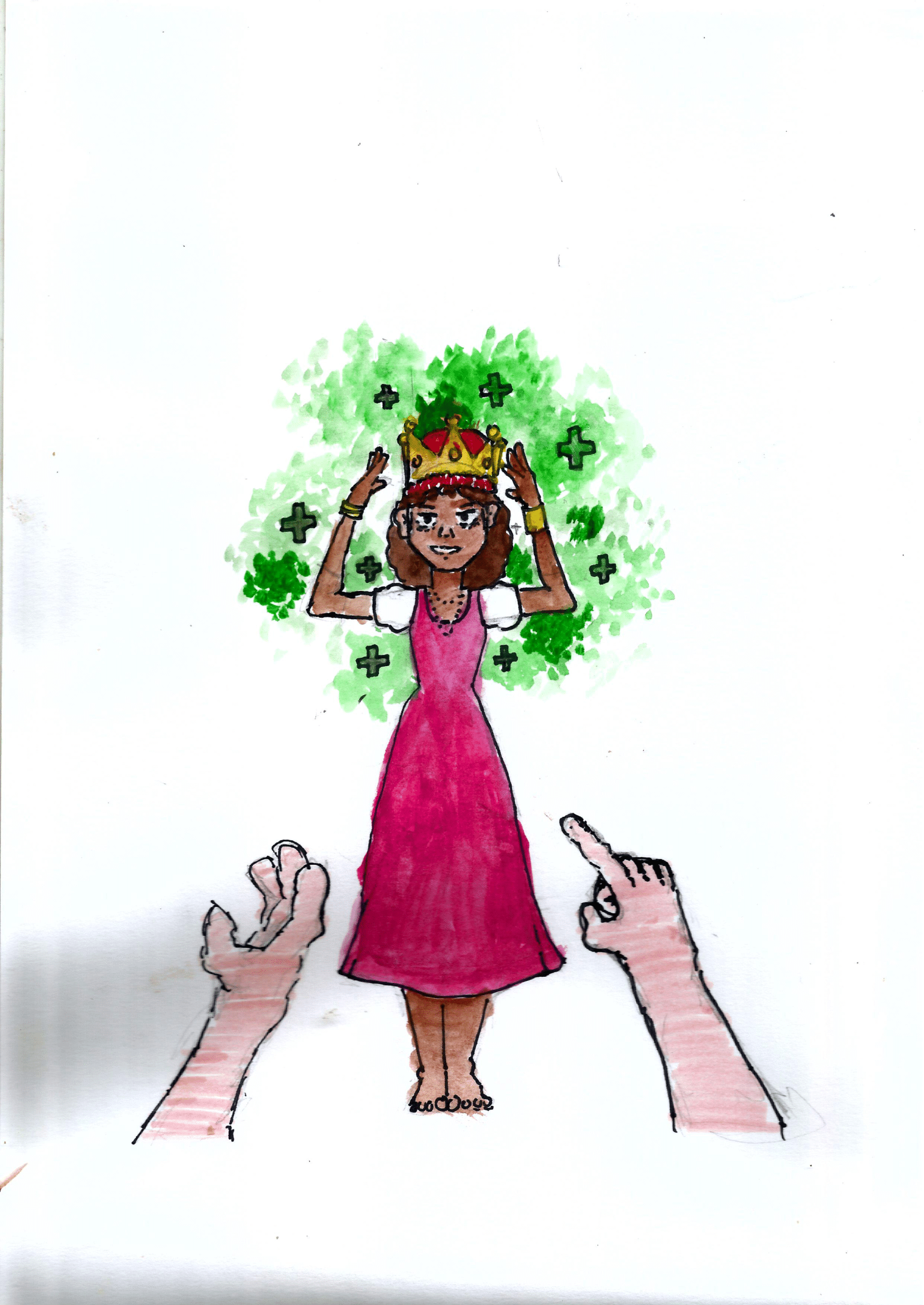  A obra “Parda Luiza”, por Fênix Valentim, relembra a história de Luiza, uma mulher escravizada que lutou por sua liberdade após sobreviver a uma doença e ter sua carta de alforria retirada. A ilustração mostra uma mulher negra de pele marrom, com cabelos curtos e encaracolados, usando uma coroa dourada com detalhes vermelhos, adornada com joias. Ela veste um longo vestido rosa escuro e uma camiseta de mangas curtas brancas por baixo. A mulher está de pé no centro da imagem, com os braços levantados, as mãos abertas, como se estivesse em uma postura de força ou empoderamento. Atrás dela, há um fundo abstrato em tons de verde, com várias cruzes sombreadas em preto, o que parece indicar um ambiente hospitalar  ou espiritual. Na parte inferior da imagem, aparecem duas mãos brancas apontando em direção a ela, uma com o dedo indicador esticado e outra com a palma aberta, sugerindo um gesto de reverência ou julgamento.