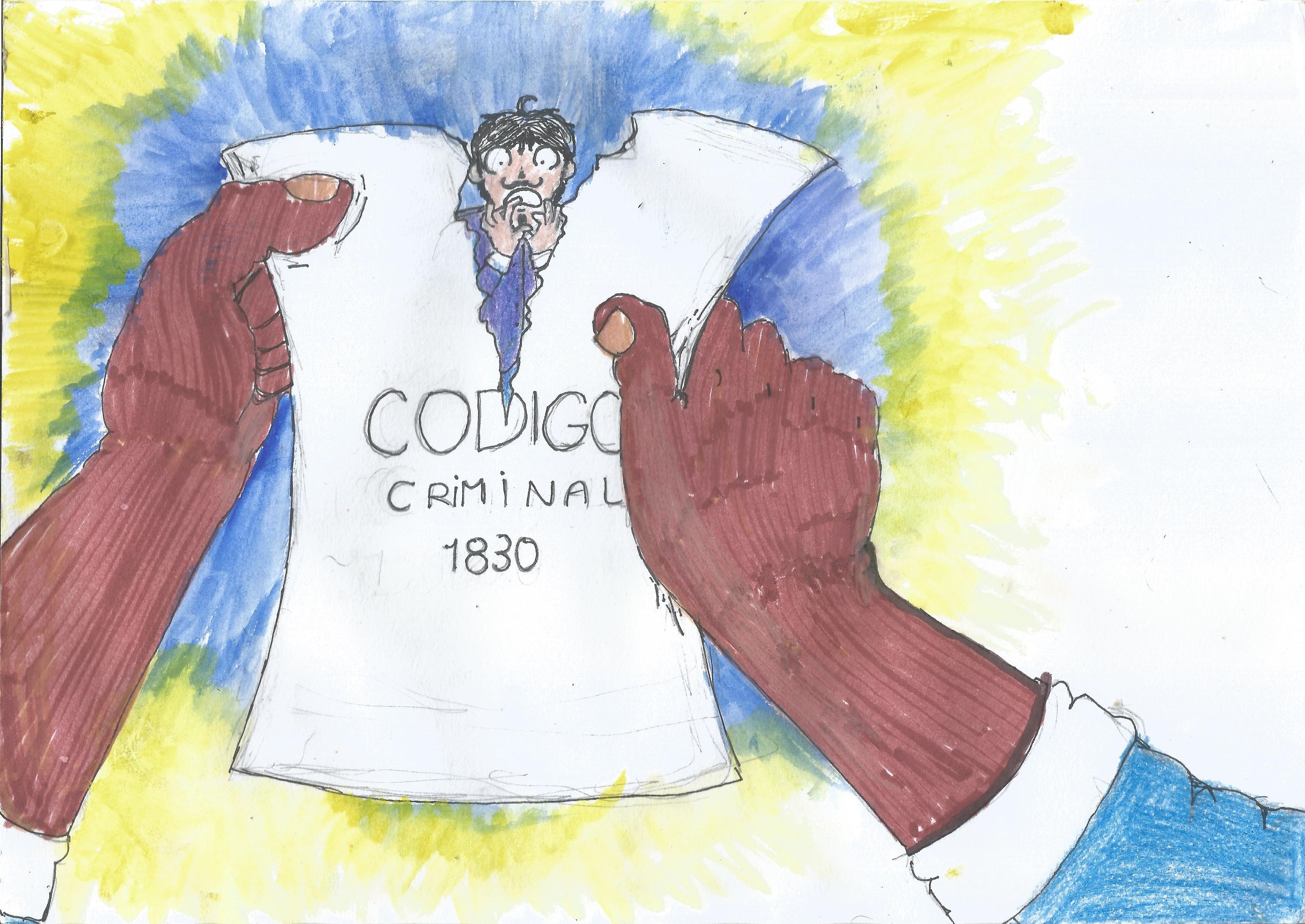 Ilustração colorida intitulada Rasgando o Código Criminal, de Fênix Valentim. A cena apresenta duas mãos negras segurando e rasgando um papel com os dizeres 'Código Criminal 1830'. No centro da folha rasgada, um homem branco de terno surge com uma expressão assustada. O fundo tem tons vibrantes de azul e amarelo.
