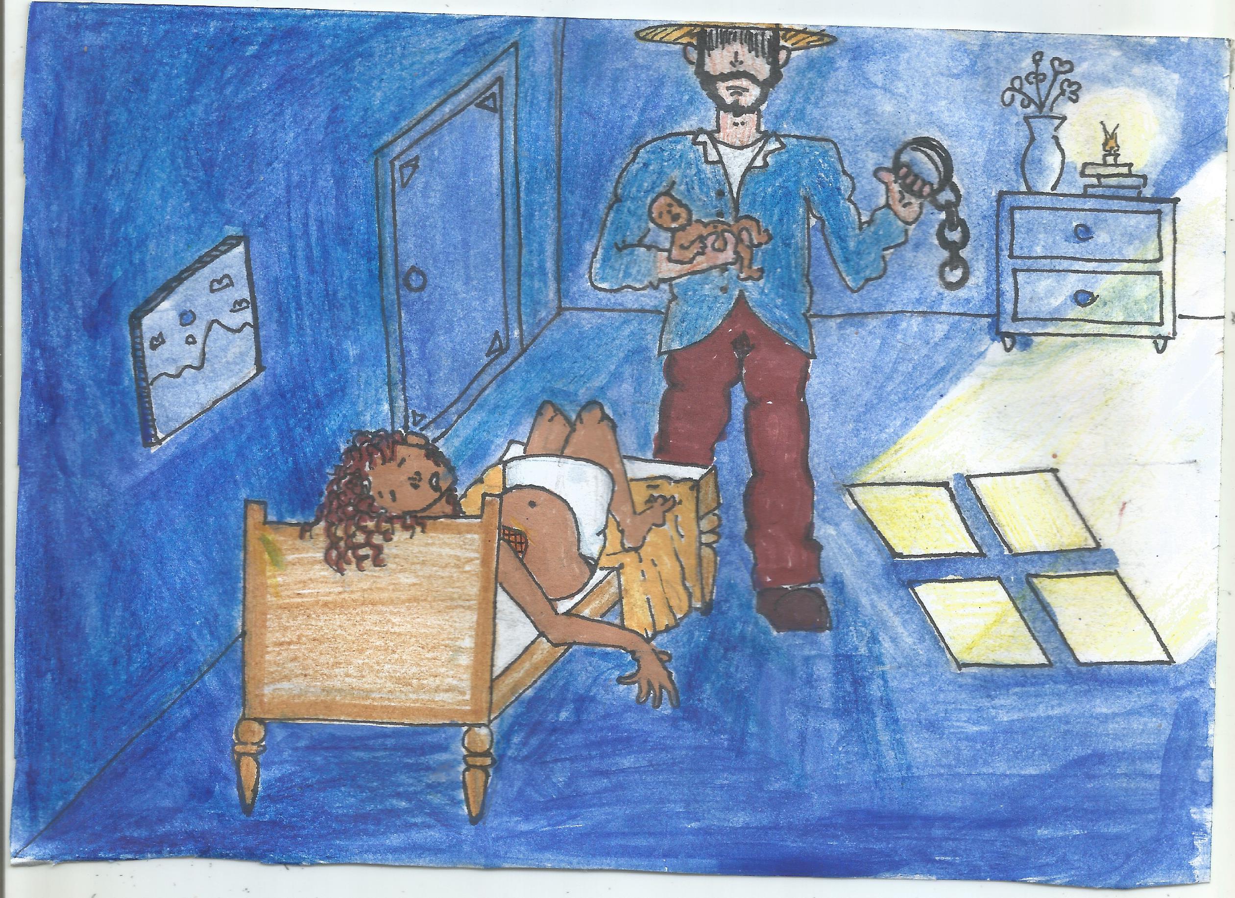 Ilustração que representa a Lei do Ventre Livre, pelo olhar de Fênix Valentim. O desenho apresenta um quarto com paredes e chão em tons de azul. No centro, há uma cama de madeira onde uma mulher negra de cabelos cacheados está deitada num contexto de pós-parto. Em pé, próximo à porta, um homem branco veste camisa azul e calças vermelhas, usa um chapéu de palha e exibe uma expressão rígida. Ele segura correntes em uma mão e um bebê na outra. No fundo, há um quadro na parede e um móvel com um vaso de flores. O ambiente tem iluminação forte, com um grande reflexo da luz do sol no chão.