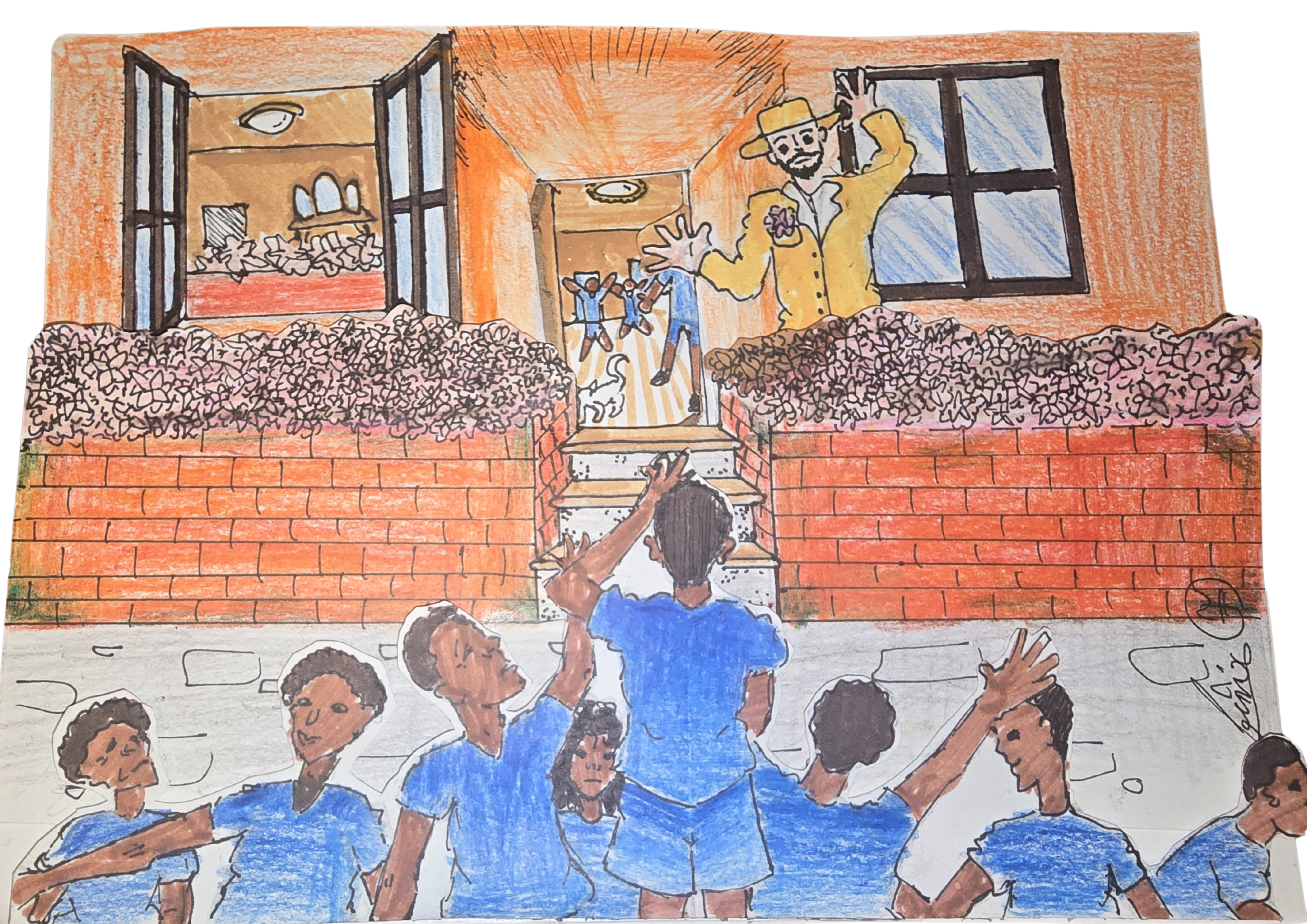 Ilustração colorida feita por Fênix Valentim. Em primeiro plano, sete crianças negras com uniformes azuis estão reunidas em frente a uma casa de tijolos laranjas, olhando para um homem branco que aparece na porta. As crianças sorriem e acenam com as mãos. O homem está usando chapéu amarelo e camisa amarela. Ela também sorri e acena para o grupo. Ao lado da porta, na entrada da casa, há camélias desenhada em destaque — símbolo de resistência e de apoio à causa abolicionista. No período da escravidão, casas que acolhiam e protegiam pessoas negras em fuga da escravidão exibiam flores de camélia como sinal de apoio seguro. A mulher branca da ilustração representa uma dessas aliadas da liberdade, que ajudava a esconder e conduzir pessoas negras em fuga, formando redes de solidariedade e fuga.